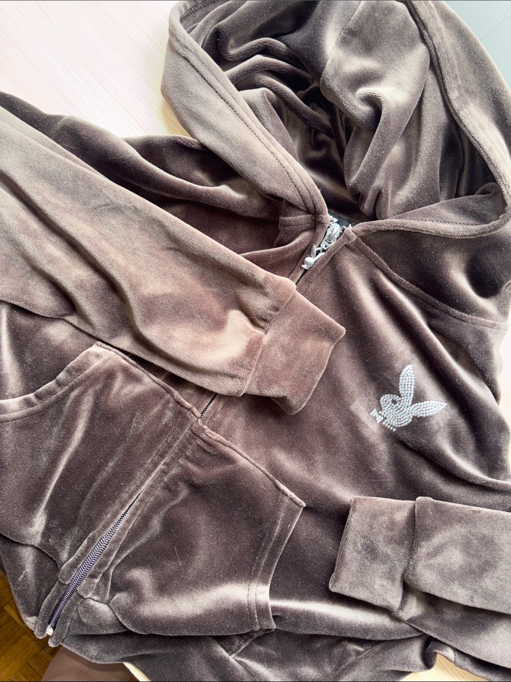 PLAYBOY Brown Velour Top with Rhinestone Script Logo - Picture 10 of 13